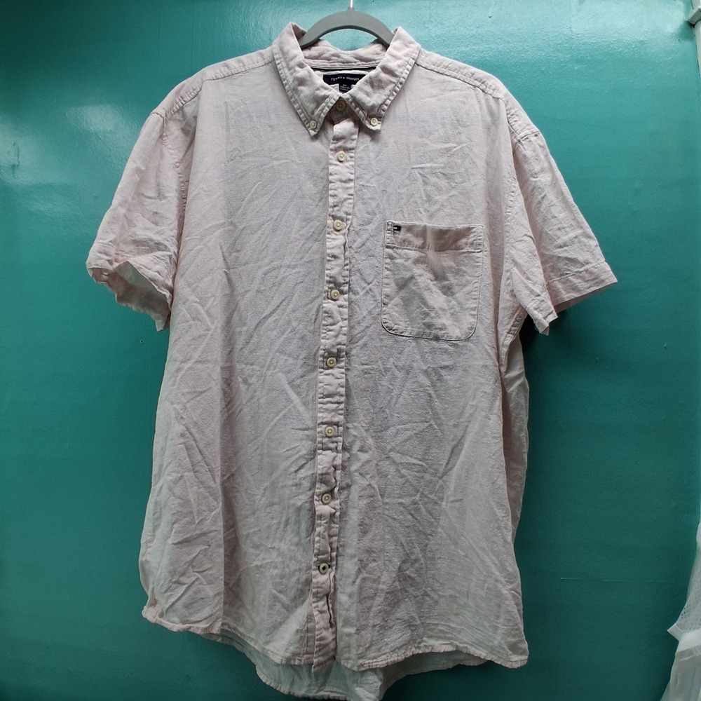 Tommy Hilfiger Button Down XXL Pink Linen Blend Coastal Preppy Short Sleeve